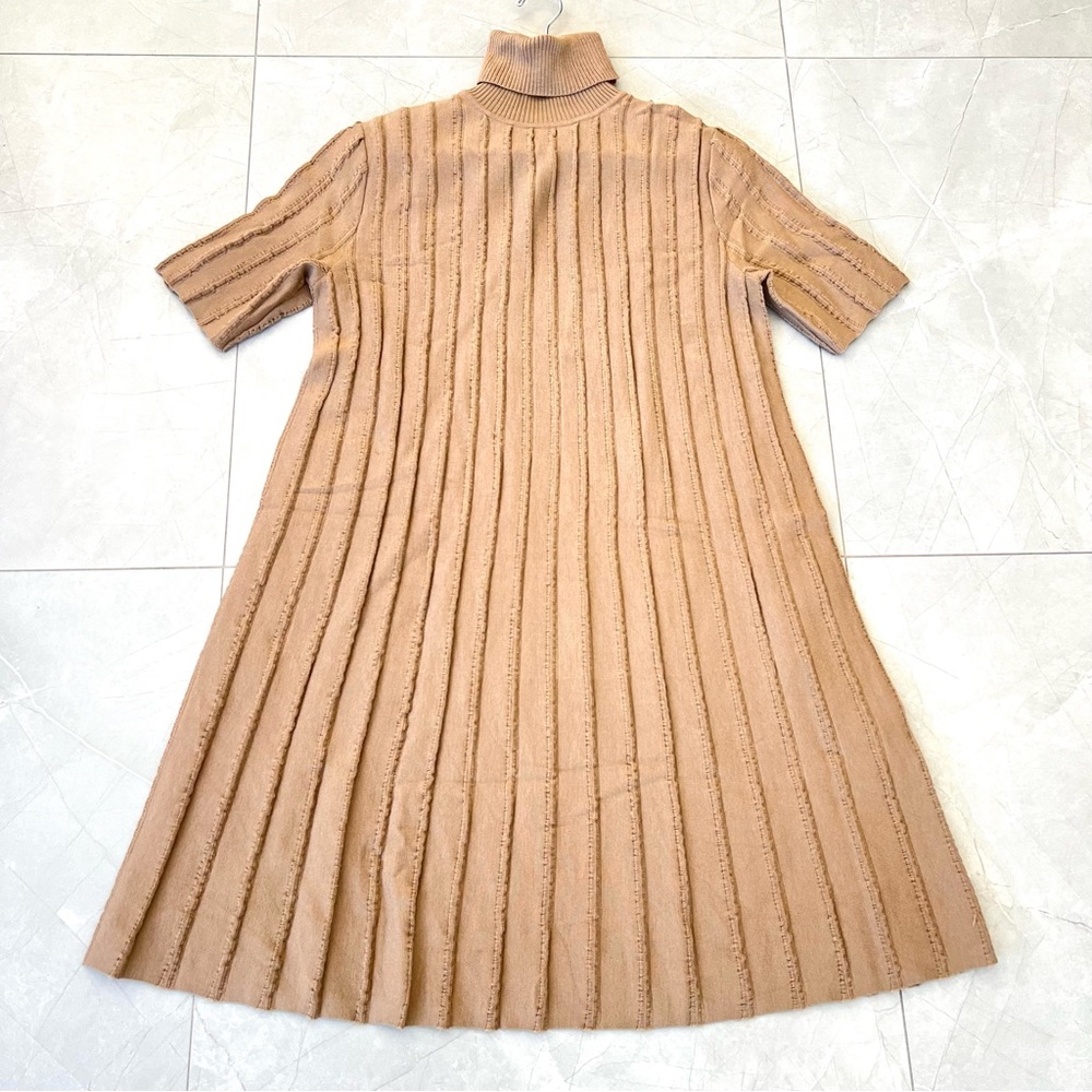 COS Beige Tan / Beige Scallop Pleated Knit Wool Blend Turtleneck Boho Dress Sz S - Picture 11 of 16